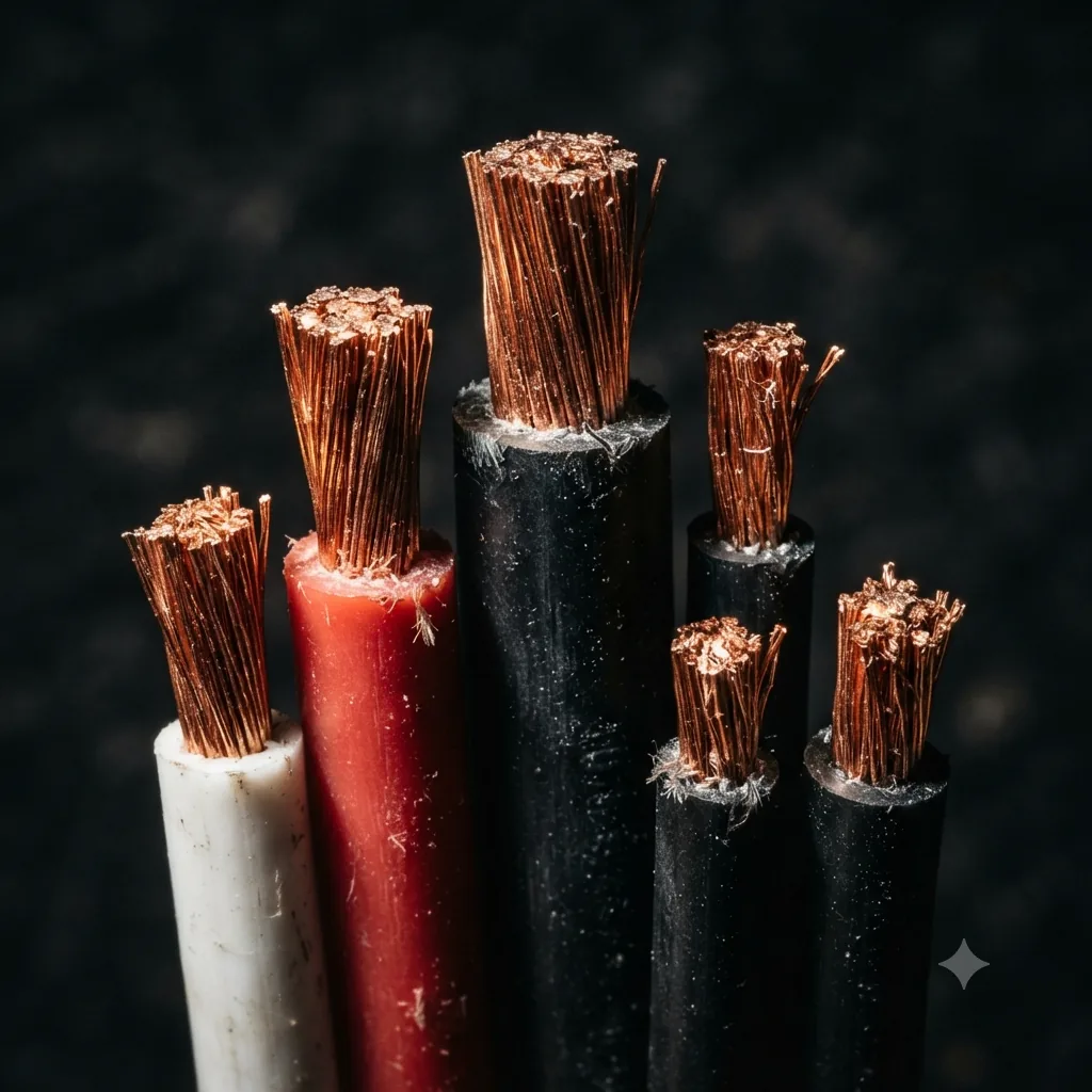 Six cut cable ends standing upright against a dark background, their jackets stripped back to expose bundles of stranded copper at visibly different thicknesses.
