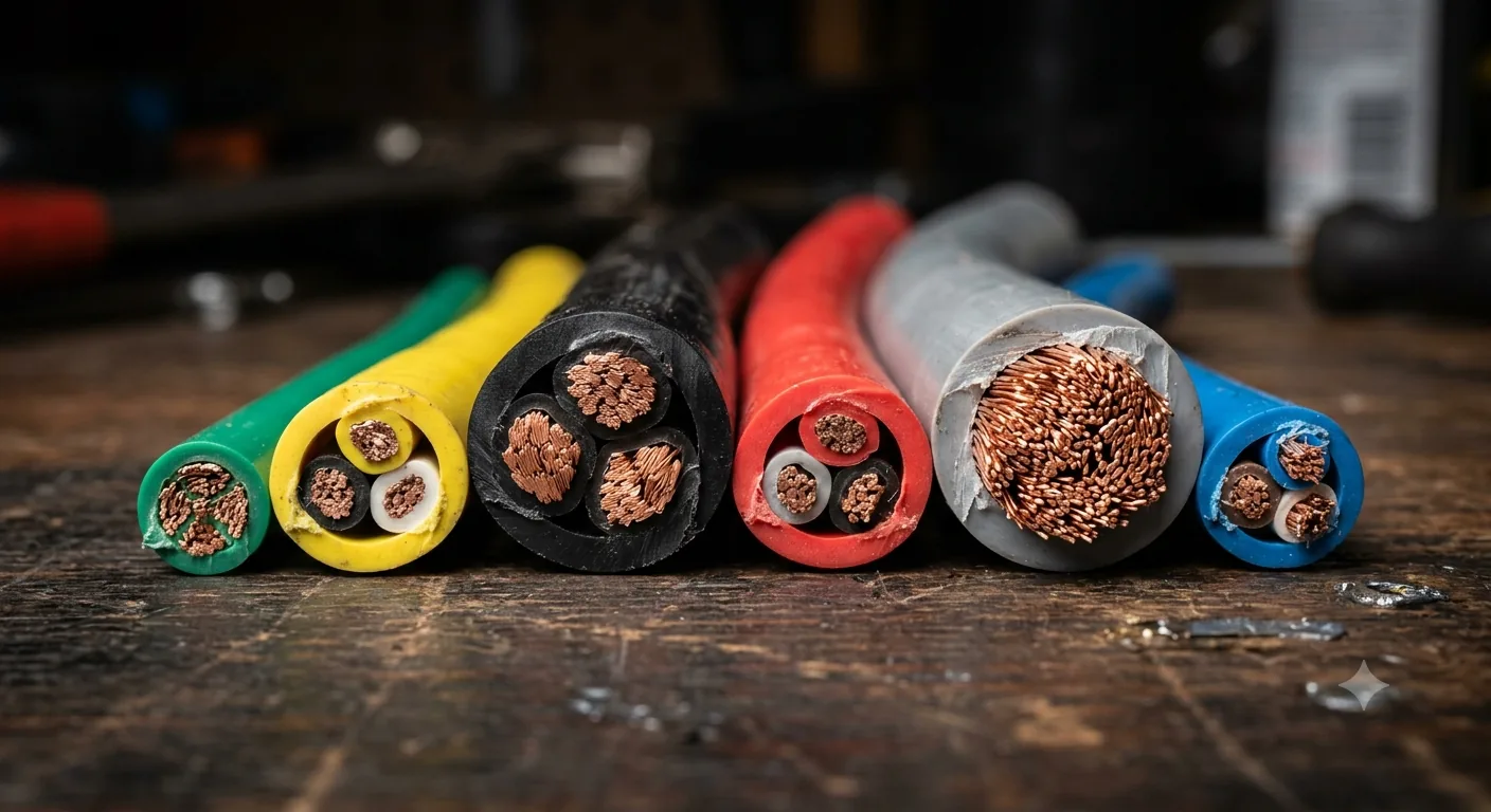 Six cut cable ends lined up on a wooden workbench, each showing its stranded copper conductors in cross-section behind green, yellow, black, red, gray, and blue jackets of visibly different diameters.