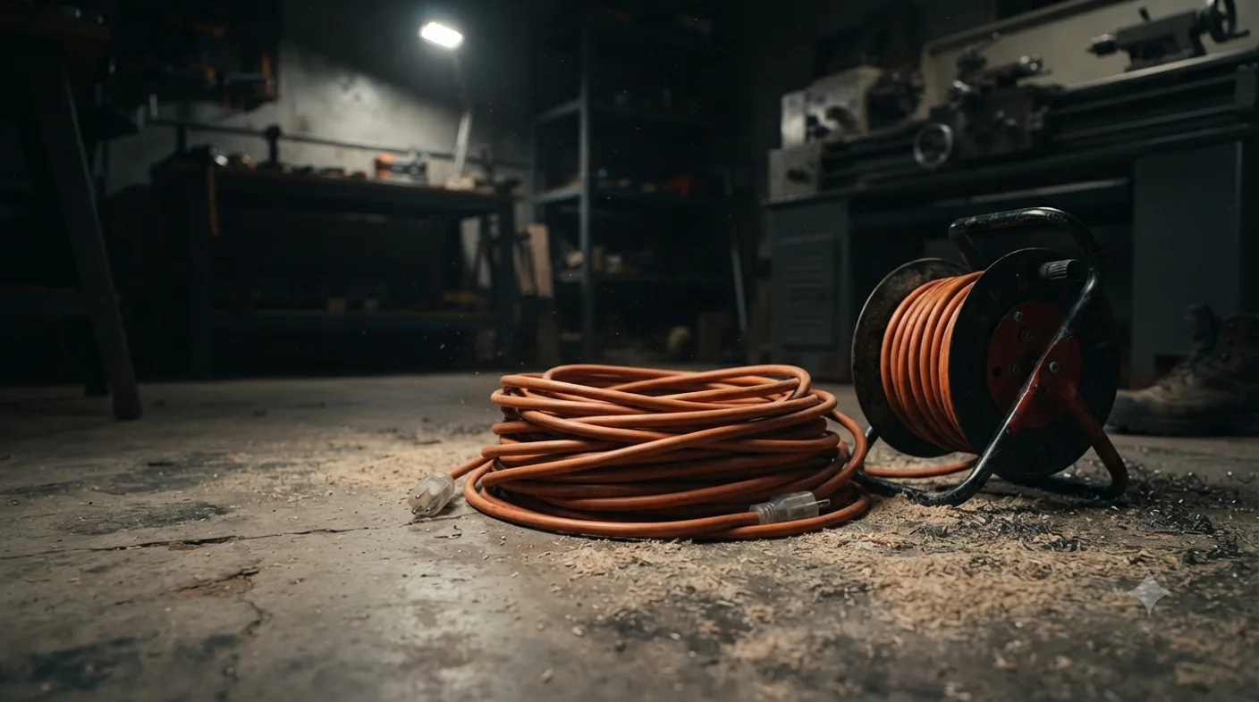 An orange extension cord unwound from a black cord reel across a dusty concrete workshop floor, with a work lamp and machine tools in the background.