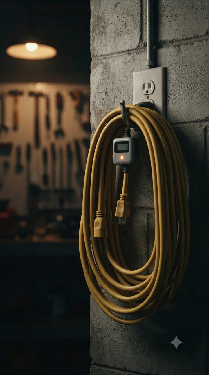 A coiled yellow extension cord hanging from a hook on a cinder-block wall beside a wall outlet, with an amber indicator light glowing on an attached plug-in meter.